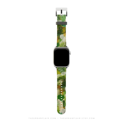 Moss Collage Apple Watch Band - Vegan Leather Strap - Goblincore Nature Design - Fits All Series - 38 40 41 42 44 45 46 49 mm, Ultra 3 (Feat)