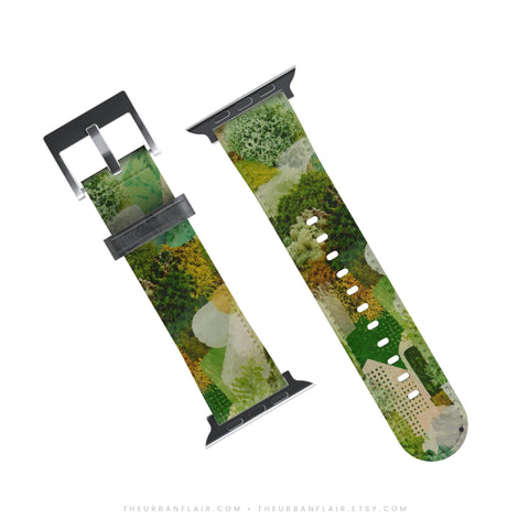 Moss Collage Apple Watch Band - Vegan Leather Strap - Goblincore Nature Design - Fits All Series - 38 40 41 42 44 45 46 49 mm, Ultra 3 (Feat)