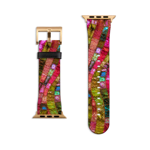 Watermelon Stained Glass Print Apple Watch Band - Vegan Leather Strap With Mosaic Design - Fits All Series - 38 40 41 42 44 45 46 49 mm