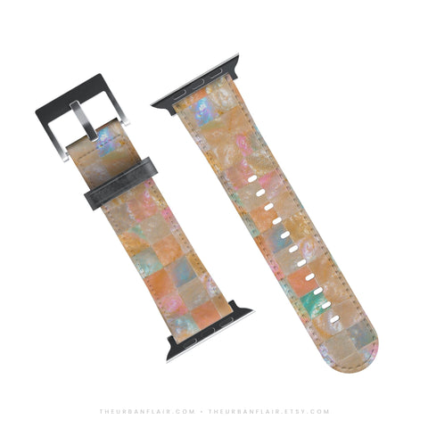Peach Sherbet Tile Print Apple Watch Band - Vegan Leather Strap - Pastel Mosaic Design - Fits All Series - 38 40 41 42 44 45 46 49 mm (Feat)