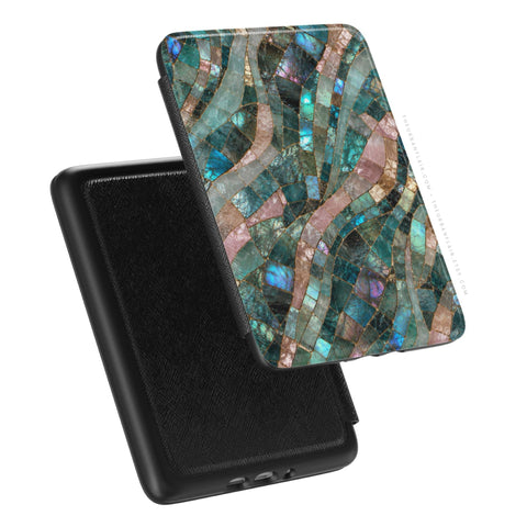 Teal Stained Glass Print Kindle Case, vegan Saffiano leather exterior with satin finish