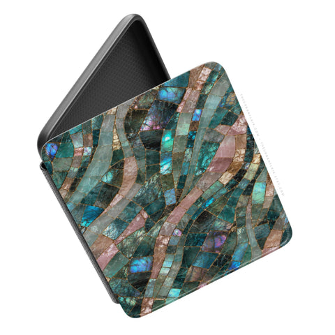 Teal Stained Glass Print Kindle Case, vegan Saffiano leather exterior with satin finish
