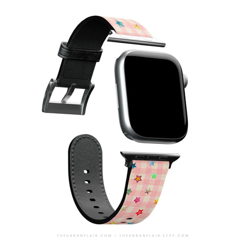 Pink Plaid Star Confetti Apple Watch Band - Fits All iWatch Series - Sizes 38/40/42/44mm - Womens Vegan Leather Strap (Feat)