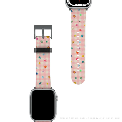 Pink Plaid Star Confetti Apple Watch Band - Fits All iWatch Series - Sizes 38/40/42/44mm - Womens Vegan Leather Strap (Feat)