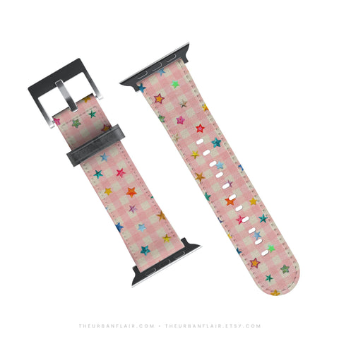 Pink Plaid Star Confetti Apple Watch Band - Fits All iWatch Series - Sizes 38/40/42/44mm - Womens Vegan Leather Strap (Feat)
