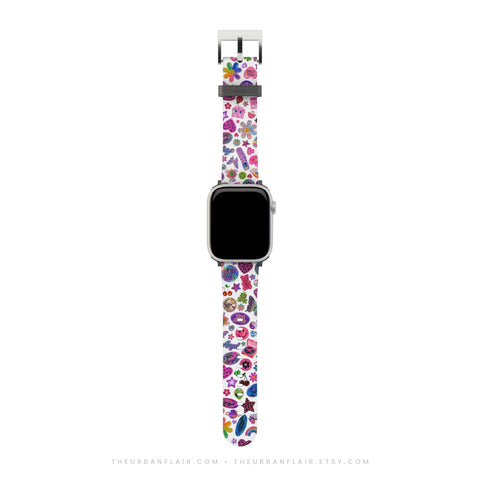 White Y2K Stickers Print Apple Watch Band - premium vegan leather printed strap (Feat)