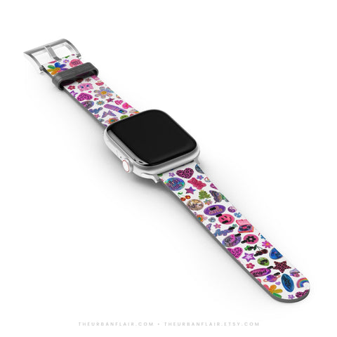 White Y2K Stickers Print Apple Watch Band - premium vegan leather printed strap (Feat)