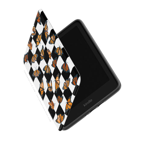 Checkered Monarch Butterfly Kindle Case, vegan Saffiano leather exterior with satin finish