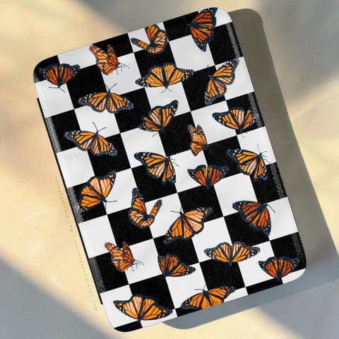 Checkered Monarch Butterfly Kindle Case, vegan Saffiano leather exterior with satin finish (Feat)