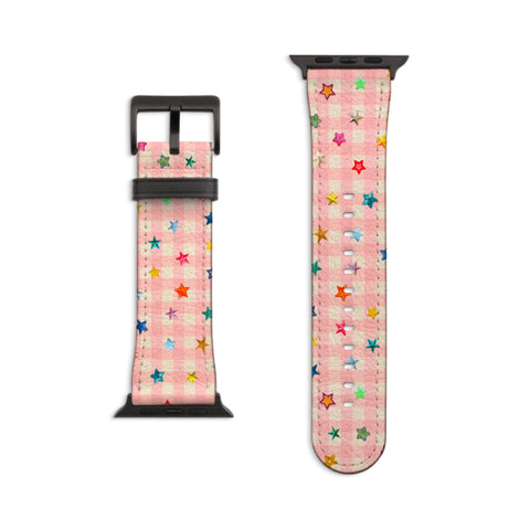 Pink Plaid Star Confetti Apple Watch Band - Fits All iWatch Series - Sizes 38/40/42/44mm - Womens Vegan Leather Strap