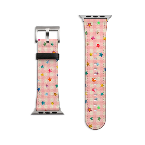 Pink Plaid Star Confetti Apple Watch Band - Fits All iWatch Series - Sizes 38/40/42/44mm - Womens Vegan Leather Strap