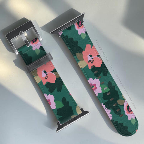 Emerald Floral Apple Watch Band - premium vegan leather printed strap (Feat)