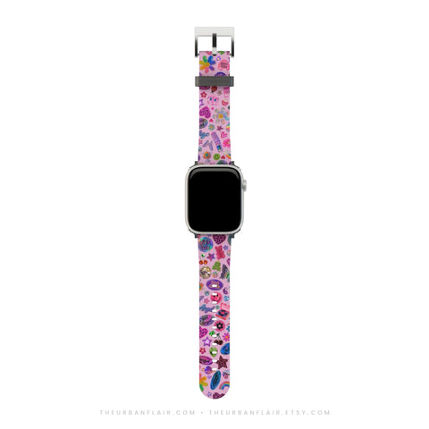 Pink Y2K Stickers Print Apple Watch Band - premium vegan leather printed strap (Feat)
