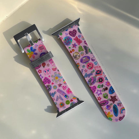 Pink Y2K Stickers Print Apple Watch Band - premium vegan leather printed strap (Feat)