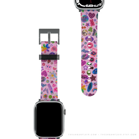 Pink Y2K Stickers Print Apple Watch Band - premium vegan leather printed strap (Feat)
