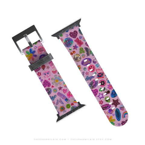 Pink Y2K Stickers Print Apple Watch Band - premium vegan leather printed strap (Feat)