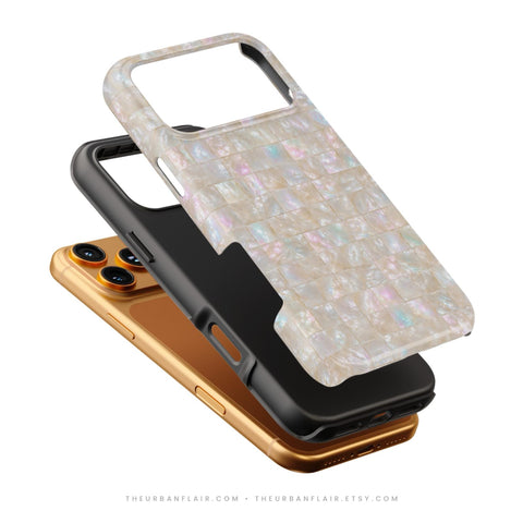 Opal Mother of Pearl Tile Print Tough Phone Case - Cover For iPhone 17 Air 16e 15 Pro Max 14 13 12 Mini, Galaxy S26 Ultra & Pixel 10 Pro XL Apple Watch Band - premium vegan leather printed strap (Feat)