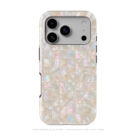 Opal Mother of Pearl Tile Print Tough Phone Case - Cover For iPhone 17 Air 16e 15 Pro Max 14 13 12 Mini, Galaxy S26 Ultra & Pixel 10 Pro XL Apple Watch Band - premium vegan leather printed strap (Feat)