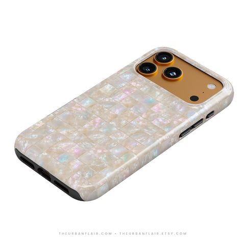 Opal Mother of Pearl Tile Print Tough Phone Case - Cover For iPhone 17 Air 16e 15 Pro Max 14 13 12 Mini, Galaxy S26 Ultra & Pixel 10 Pro XL Apple Watch Band - premium vegan leather printed strap (Feat)