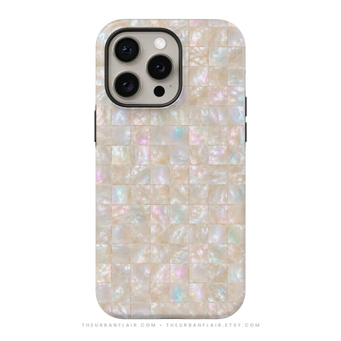 Opal Mother of Pearl Tile Print Tough Phone Case - Cover For iPhone 17 Air 16e 15 Pro Max 14 13 12 Mini, Galaxy S26 Ultra & Pixel 10 Pro XL Apple Watch Band - premium vegan leather printed strap (Feat)