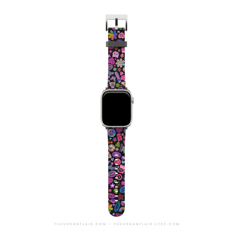 Black Y2K Stickers Print Apple Watch Band - premium vegan leather printed strap (Feat)
