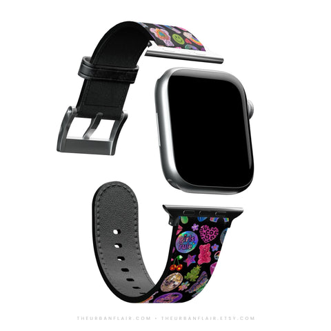 Black Y2K Stickers Print Apple Watch Band - premium vegan leather printed strap (Feat)