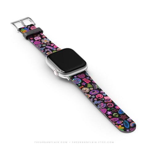 Black Y2K Stickers Print Apple Watch Band - premium vegan leather printed strap (Feat)