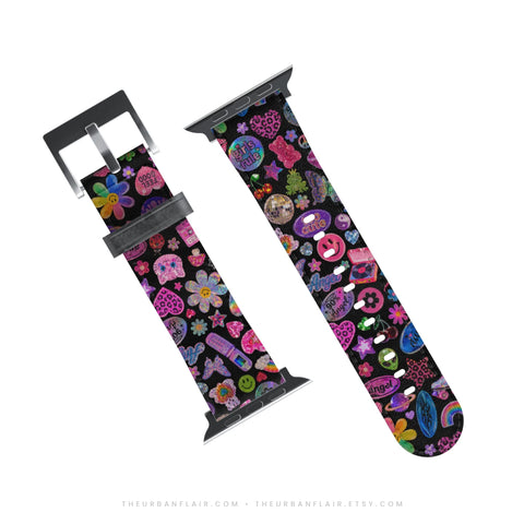 Black Y2K Stickers Print Apple Watch Band - premium vegan leather printed strap (Feat)