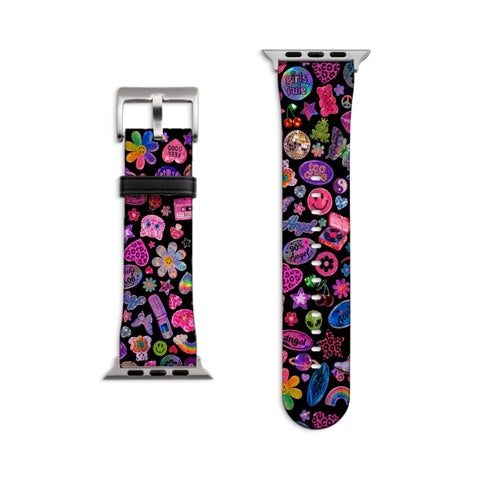 Black Y2K Stickers Print Apple Watch Band - Matte Silver