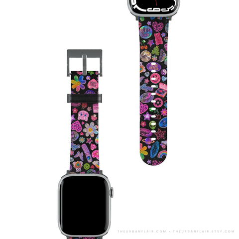 Black Y2K Stickers Print Apple Watch Band - premium vegan leather printed strap (Feat)