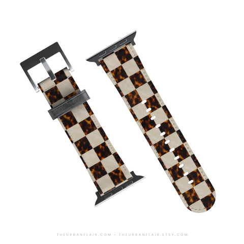 Plaid Tortoise Shell Print Apple Watch Band - Fits All Series & Sizes 38/40/41, 42/44/45/46, 49mm - Luxury Watch Strap For Women (Feat)