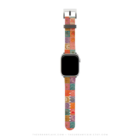 Nautical Whimsy Tiles Apple Watch Band - premium vegan leather printed strap (Feat)