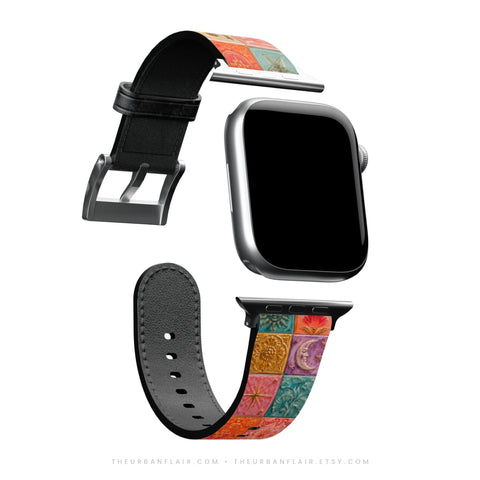Nautical Whimsy Tiles Apple Watch Band - premium vegan leather printed strap (Feat)