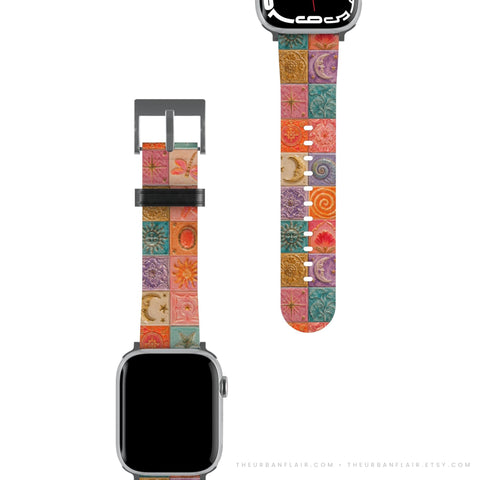 Nautical Whimsy Tiles Apple Watch Band - premium vegan leather printed strap (Feat)