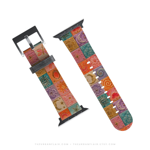 Nautical Whimsy Tiles Apple Watch Band - premium vegan leather printed strap (Feat)