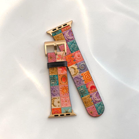 Nautical Whimsy Tiles Apple Watch Band - premium vegan leather printed strap (Feat)