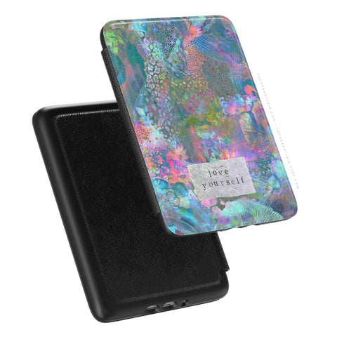 Love Yourself Kindle Case, vegan Saffiano leather exterior with satin finish