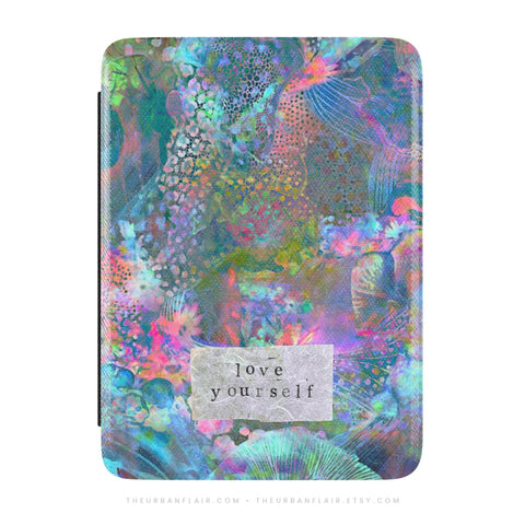 Love Yourself Kindle Case, vegan Saffiano leather exterior with satin finish
