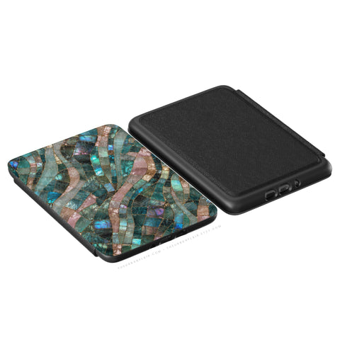 Teal Stained Glass Print Kindle Case, vegan Saffiano leather exterior with satin finish