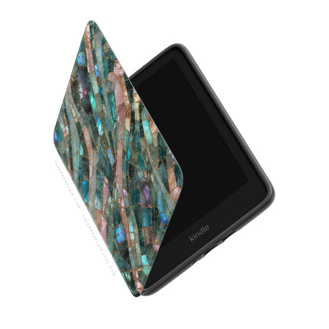 Teal Stained Glass Print Kindle Case, vegan Saffiano leather exterior with satin finish