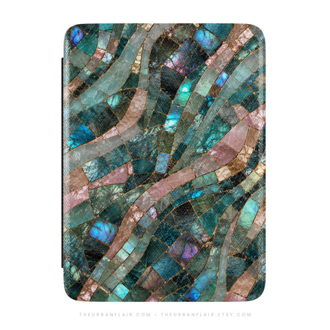 Teal Stained Glass Print Kindle Case, vegan Saffiano leather exterior with satin finish