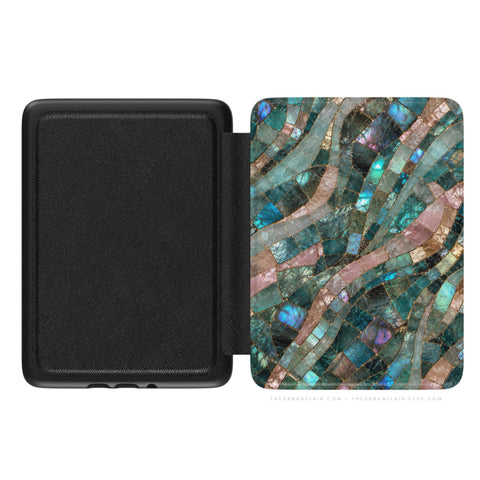 Teal Stained Glass Print Kindle Case, vegan Saffiano leather exterior with satin finish