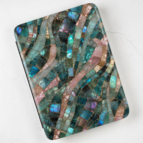 Teal Stained Glass Print Kindle Case, vegan Saffiano leather exterior with satin finish (Feat)