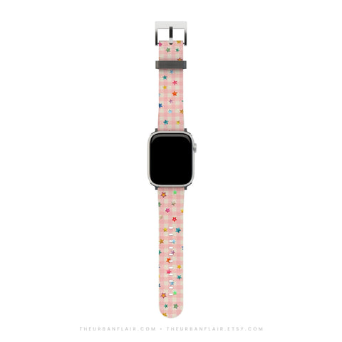Pink Plaid Star Confetti Apple Watch Band - Fits All iWatch Series - Sizes 38/40/42/44mm - Womens Vegan Leather Strap (Feat)