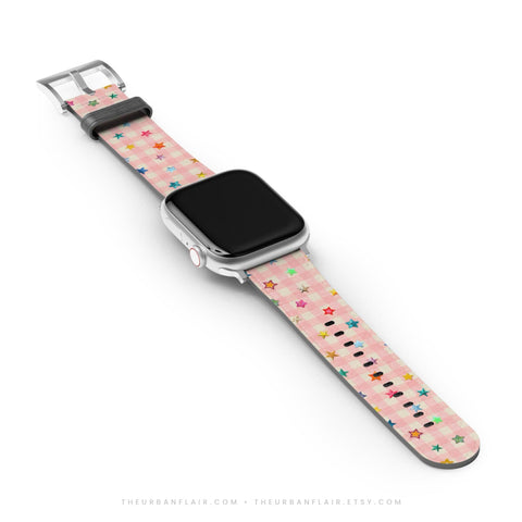 Pink Plaid Star Confetti Apple Watch Band - Fits All iWatch Series - Sizes 38/40/42/44mm - Womens Vegan Leather Strap