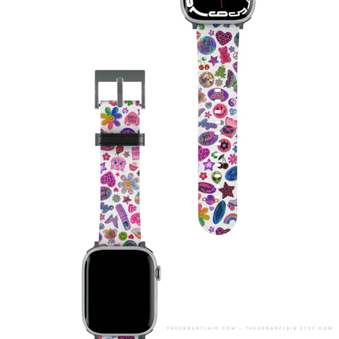 White Y2K Stickers Print Apple Watch Band - premium vegan leather printed strap (Feat)
