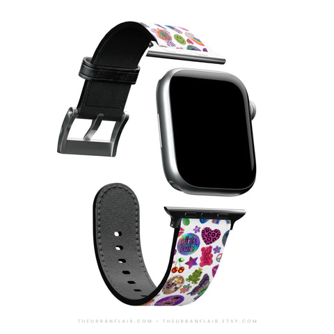 White Y2K Stickers Print Apple Watch Band - premium vegan leather printed strap (Feat)