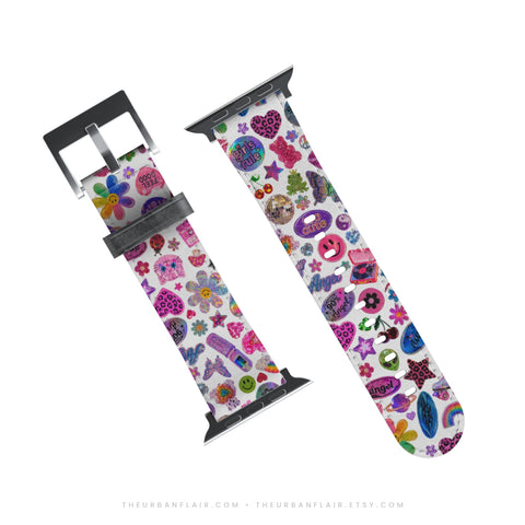 White Y2K Stickers Print Apple Watch Band - premium vegan leather printed strap (Feat)