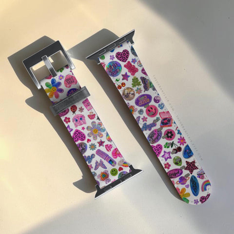 White Y2K Stickers Print Apple Watch Band - premium vegan leather printed strap (Feat)