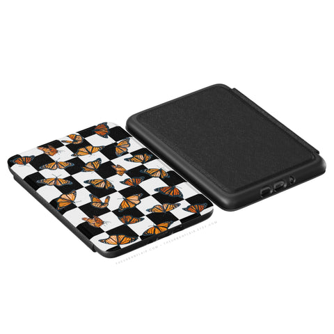 Checkered Monarch Butterfly Kindle Case, vegan Saffiano leather exterior with satin finish